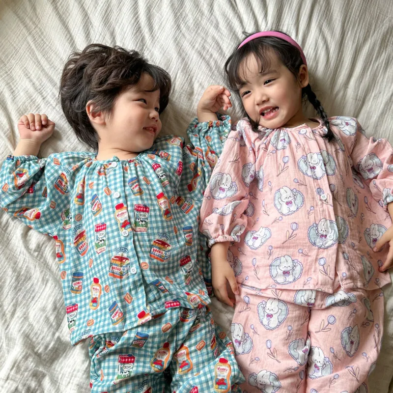Spring Cotton Gauze Pajama Set for Boys and Girls Soft Long Sleeve Cartoon Tops and Pants Homewear 2024