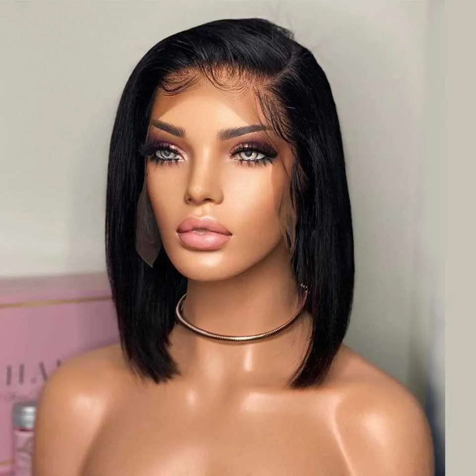 Synthetische Perücken Kurzer Bob Echthaar Perücken Brasilianische 13x4 Glueless Straight Lace Front für Frauen Transparente Perücke mit vorgezupftem Knochen 230227