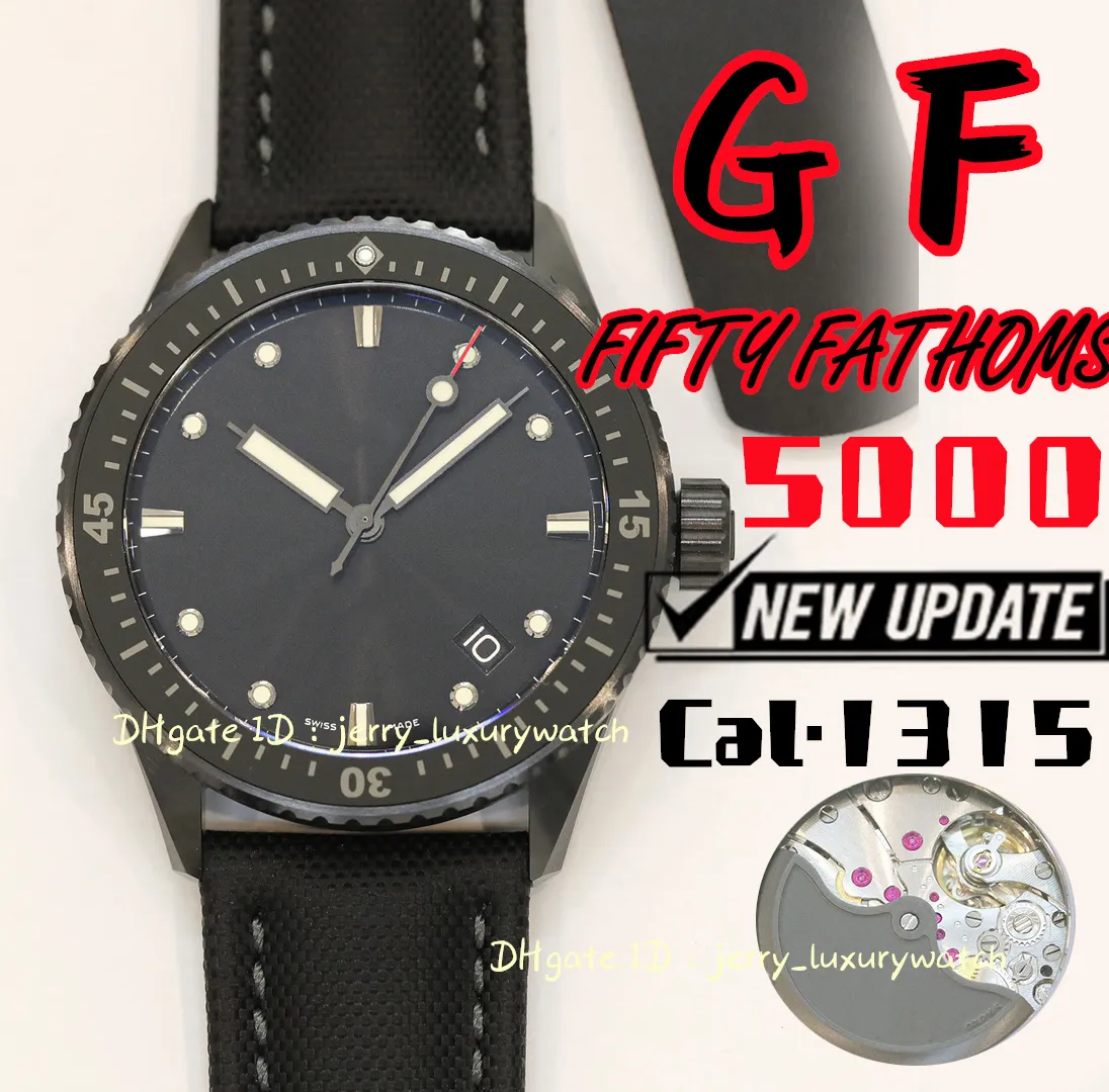 GF 5000 FIFTY FATHOMS Luxury Men's Watch 43.6mm Cal.1315 Mechanical movement, black ceramic, titanium case, 3C super luminous black one