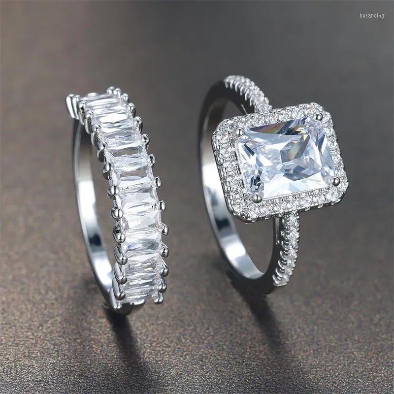Anneaux de mariage breloque femme blanc Zircon mince anneau ensemble classique couleur argent fiançailles luxe cristal carré pour les femmes