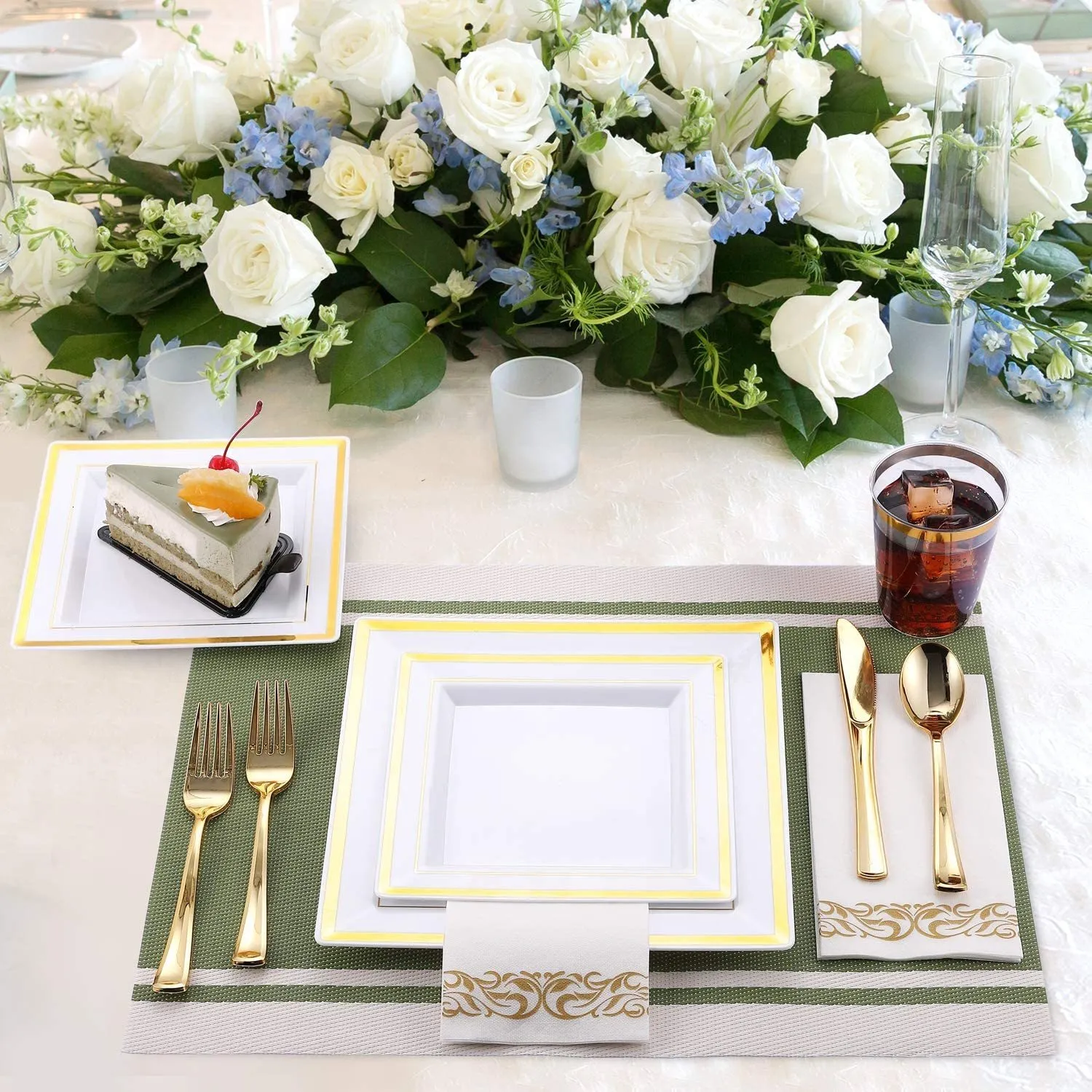 MGrow In Style Square Rose Gold Dishes Plates Cups Cutlery For 25, 150 Pieces Of Reusable Plastic Dinnerware For Special Occasions, Set Of 25 Dinner