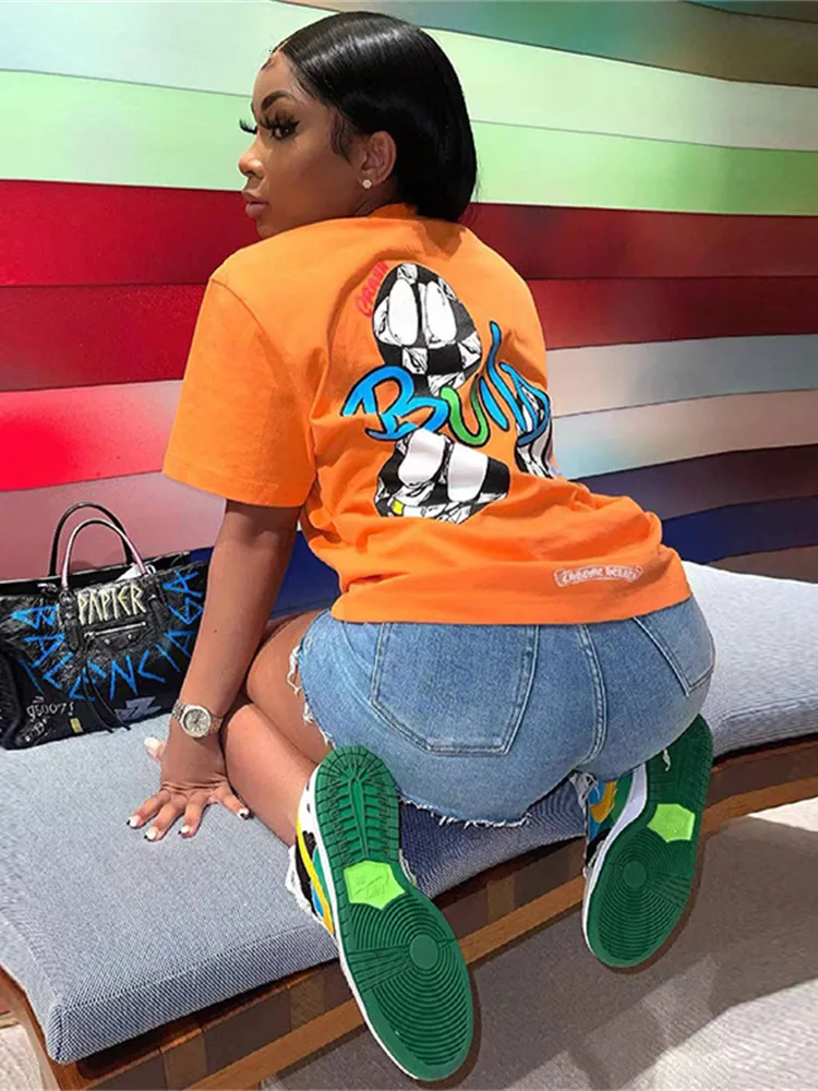 Womens TShirt WESAYNB Wholesale Summer y2k Clothes Streetwear Print Graphics T Shirts Orange O Neck Crop Top Ladies Short Sleeve Tee Women 230503