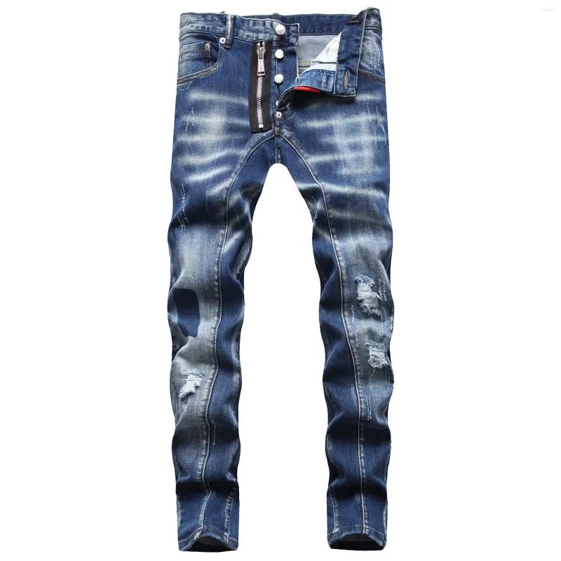 Jeans da uomo Jeans skinny strappati con fori blu Pantaloni elasticizzati stile italiano Pantaloni slim maschili di alta qualità Taglia 42