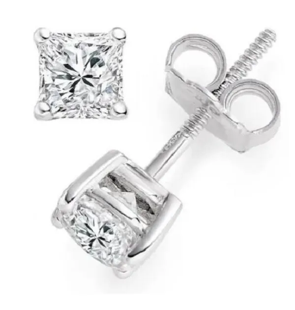 1 ct Princess Cut Solitaire Laboratory Diamond Stud Earrings Solid 14k Real White Gold Screw Back