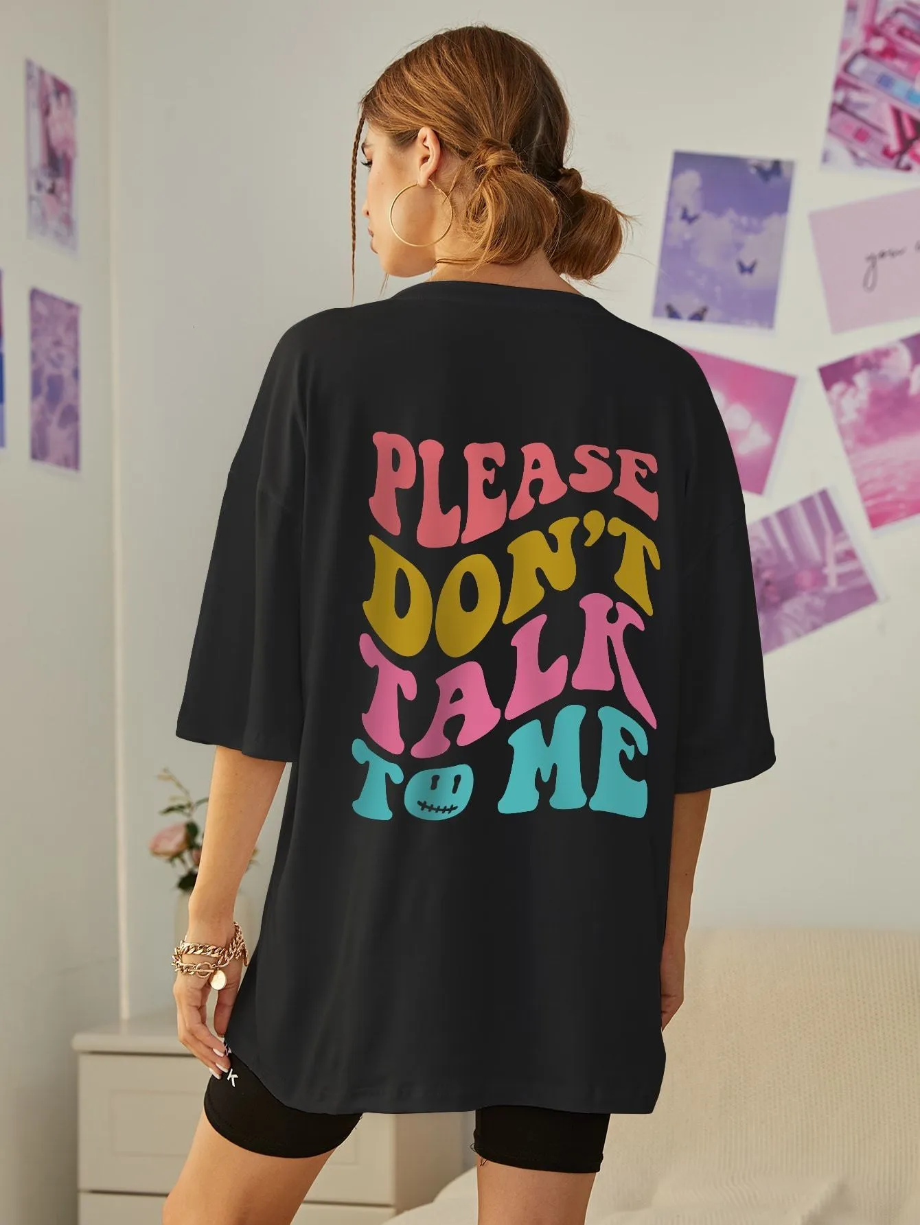 Womens TShirt Please dont talk tome Colored letter slogans TShirt Women ONeck Oversize Short Sleeve Cotton Brand Shoulder Drop Tee Clothing 230503