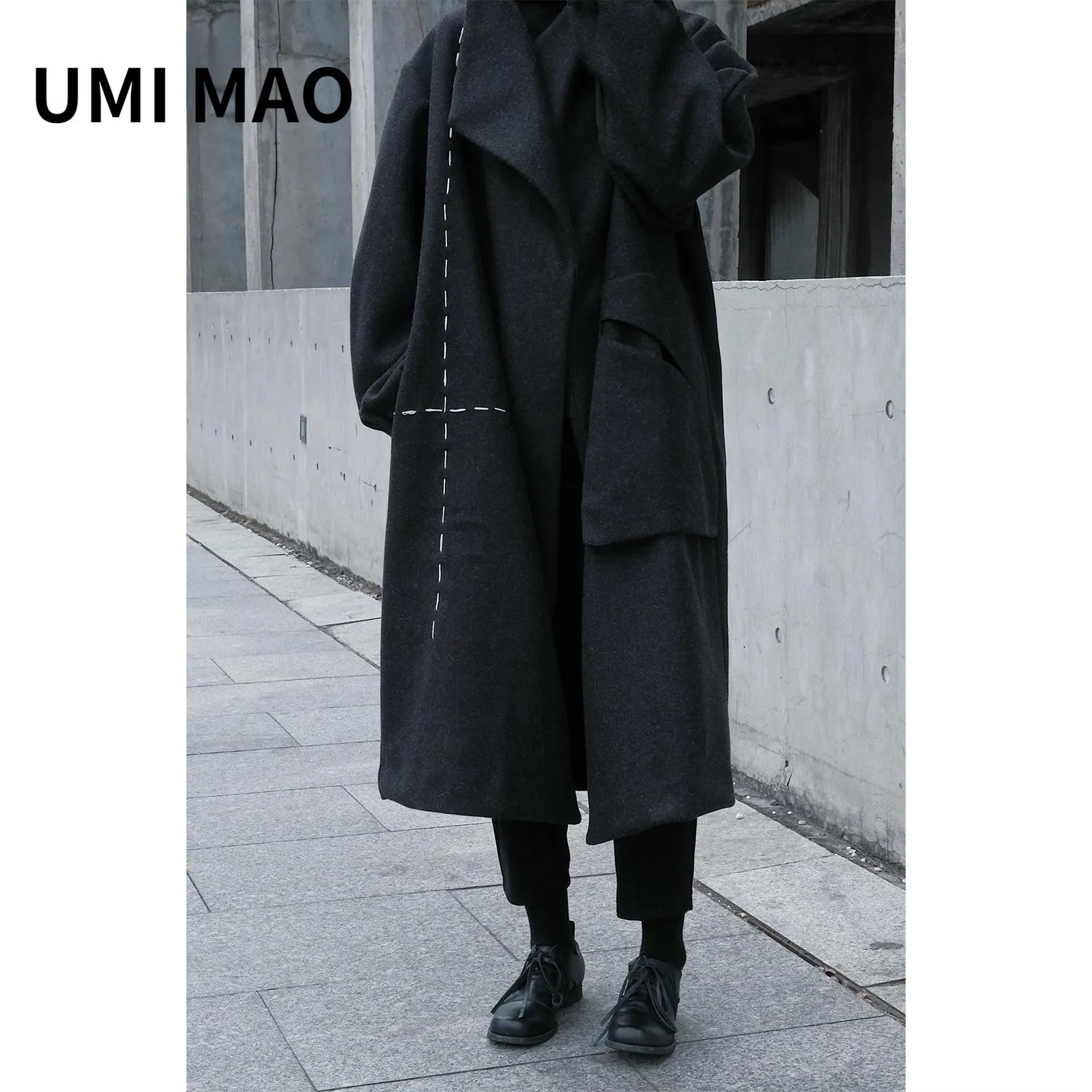 Mélanges UMI MAO Yamamoto Niche sombre fait à la main épaisse ligne lumineuse Silhouette épais col montant mi-long manteau en laine Y2K