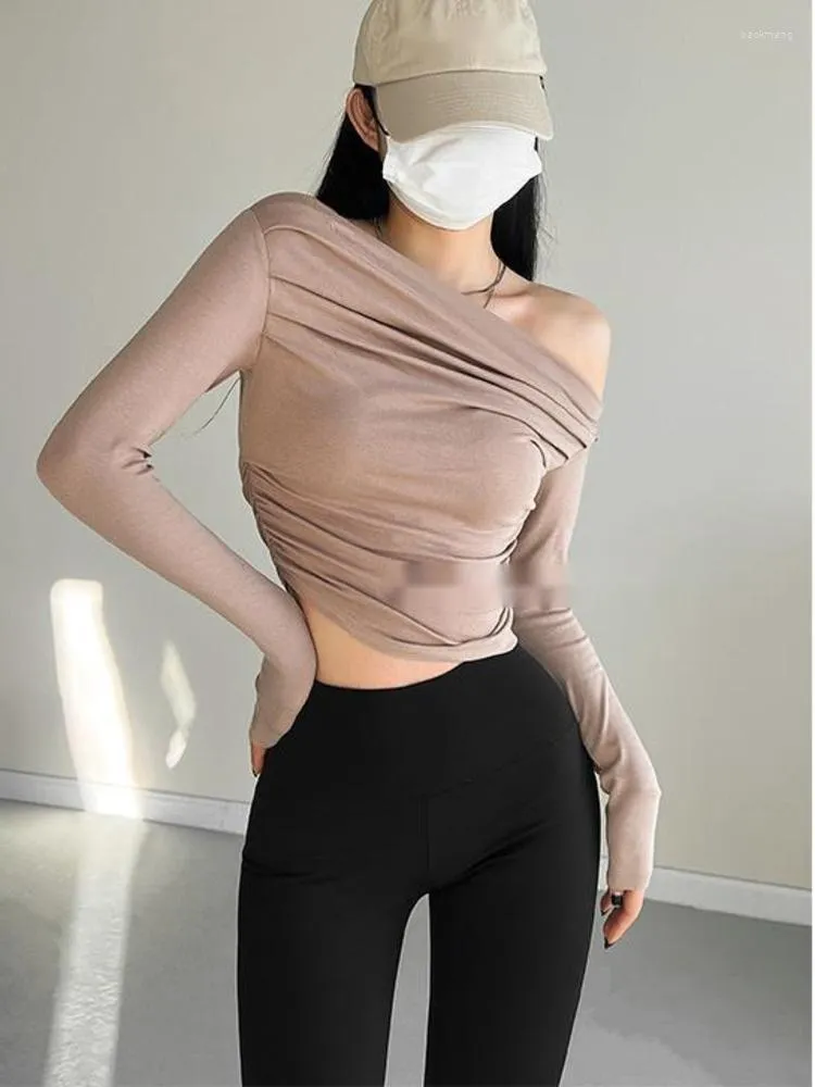 Women's T Shirts Pleated Sweet Sexy Tight Skew Collar Long Sleeved T-shirt Women Spice Girl Short Tees Top Fahsion Korean Tops BY3T