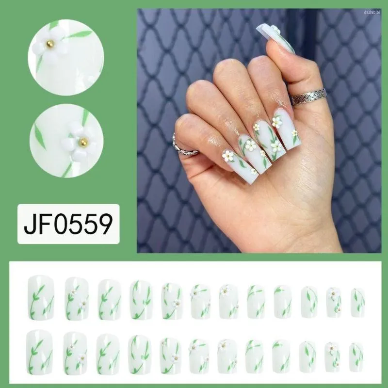 False Nails 24pcs Detachable DIY Fake Nials Press On Green Leaf French Long Square