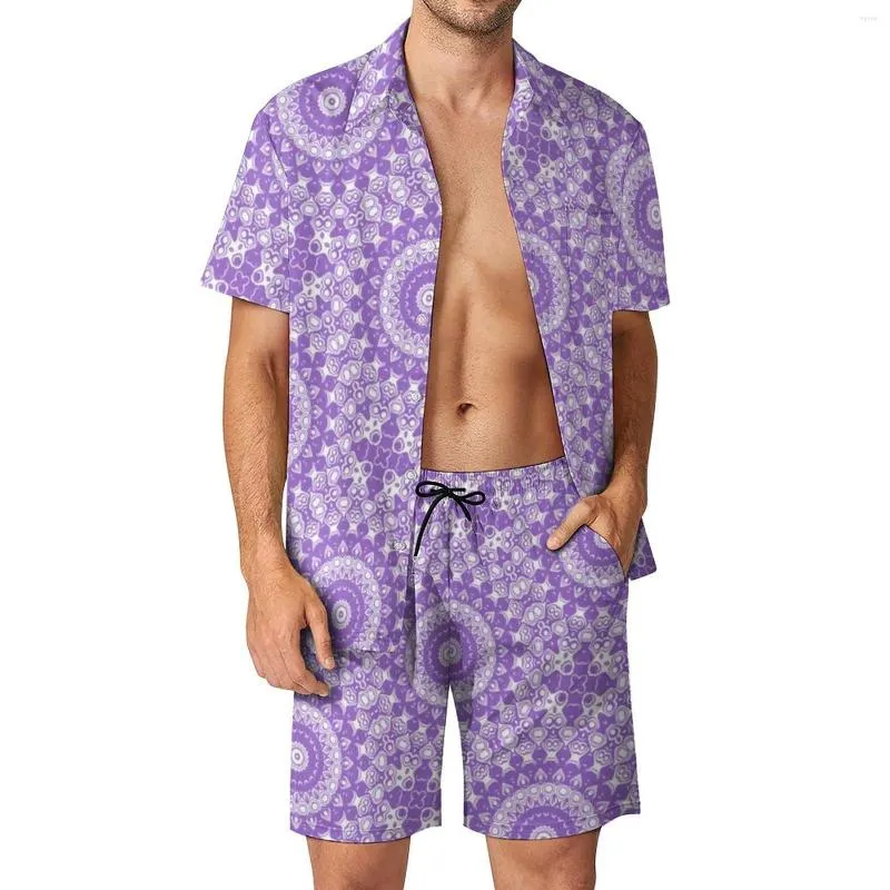 Herrspårar Lavendel Mandala Fitness Outdoor Men Set Purple White Print Teal Floral Casual Shirt Set Graphic Shorts Two-Piece Mode