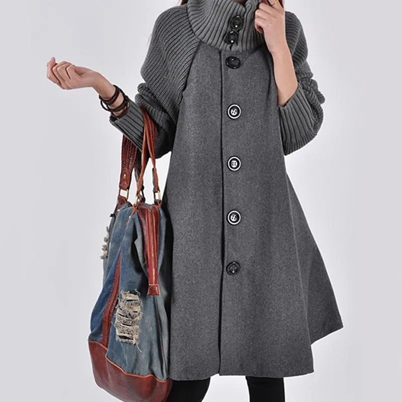 Trench Cappotto di lana Mantello invernale Maglia a maniche lunghe Trench alto con collo alto Donna Primavera Autunno Giacca a vento monopetto da donna