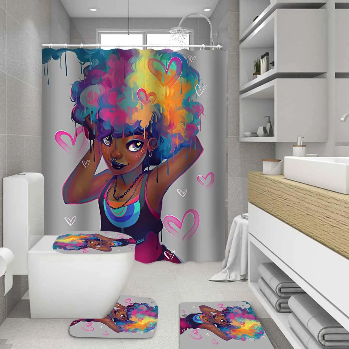 Curtains Cute Loli African Shower Curtains Afro American Lady Women Colored Hair Bathroom Set NonSlip Rugs Toilet Lid Cover Mat