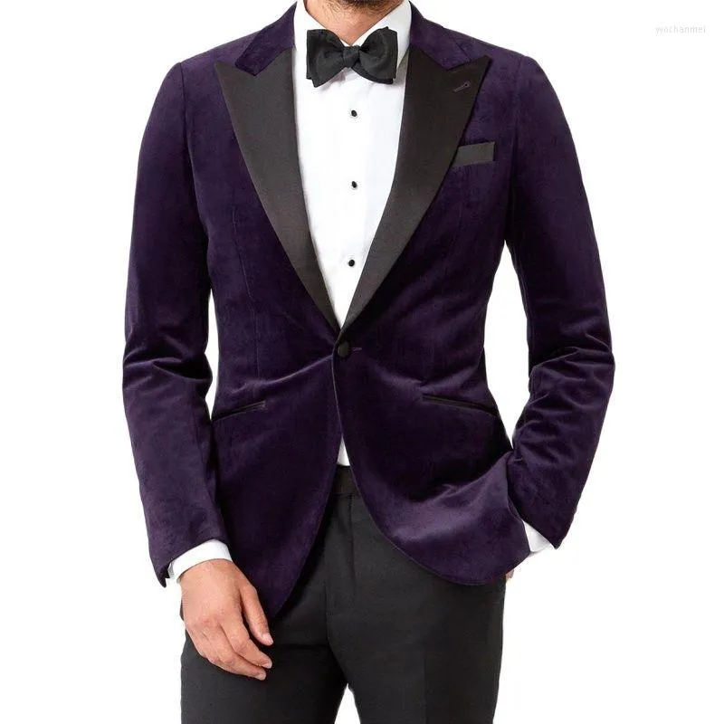 Costumes pour hommes 2 pièces velours bal hommes Costume de mode pour hommes violet dîner Blazer avec pantalon noir 2023 mariage smoking pour garçons d'honneur