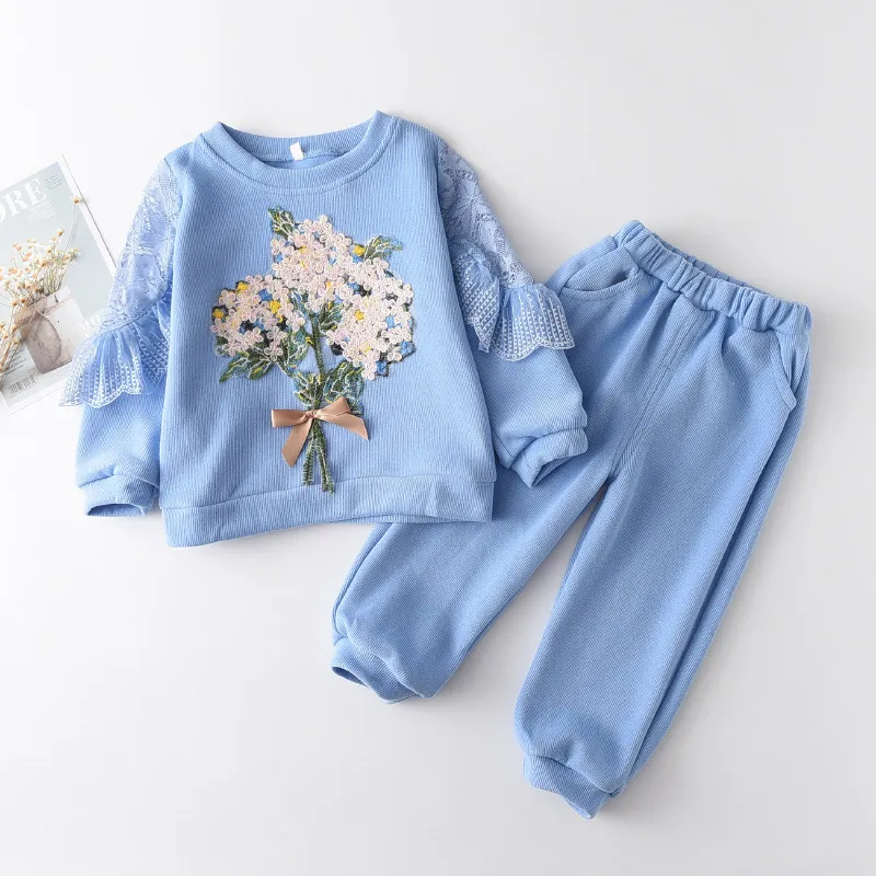 2PCS Spring Baby Girl Ubrania Zestaw Flower Haft bluza Bluza