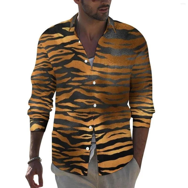 Men's Casual Shirts Tiger Print Stripes Shirt Male Glam Black And Gold Street Style Custom Blouses Long Sleeve Vintage Oversize Tops