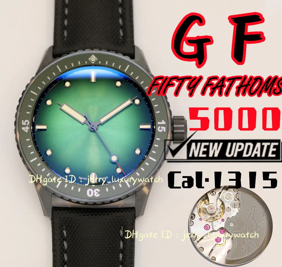 GF 5000 FIFTY FATHOMS Luxury Men's Watch 43.6mm Cal.1315 Mechanical movement, black ceramic, titanium case, 3C super luminous green