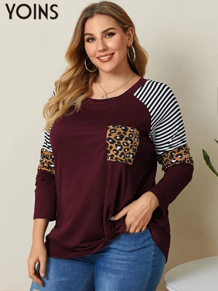 Tops YOINS Plus Size 4XL Vintage Leopard Printed TShirts Women's Long Slevee Striped Patchwork Tunic Tops Casual Autumn Party Tees