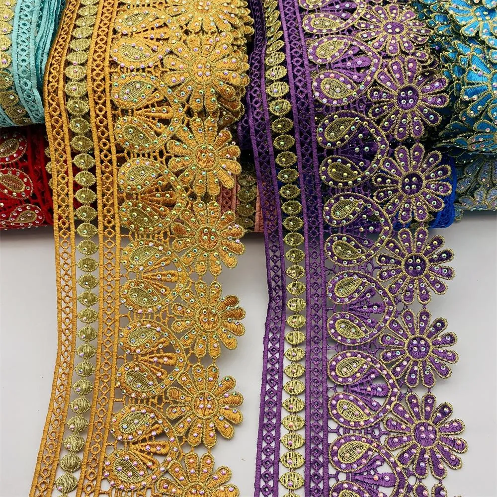 Tyg 9.5yards 16Colors African spets trim med strass Metalliskt broderat motiv Lace Nigeria Venedig Trim Wide 12cm