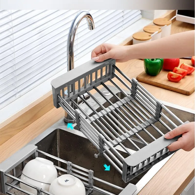 Organisation Kitchen Sink Racks rostfritt stål diskbänk för rätter och pinnar förvaring rack teleskop justerbara diskbänk dränering rack verktyg hem