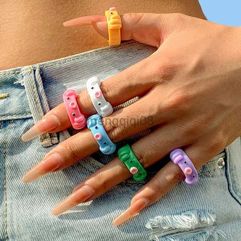 Band Rings Ins Macaron Color Frog Female Octopus Pig Puppy Geometric Resin Acrylic Cartoon Jewelry for Women Y23