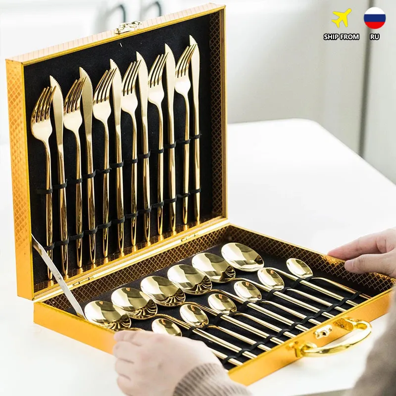 Servis uppsättningar 24st Gold Cernorware Set rostfritt stål Tabellesuppsättning Knivgaffel KONTFLÄGSPLÄDER SET JUL GENTRE CESTLARY SET Presentlåda 230503