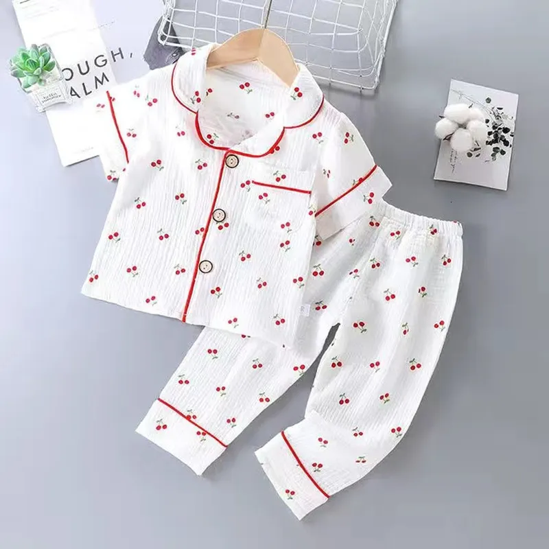 Piżama chłopcy dziewczęta piżamą garnitury dziecięce ubrania muślin bawełniany z krótkim rękawem odzież domowa rodzina stroje koszuli topsplants 2pc 1-10T 230503