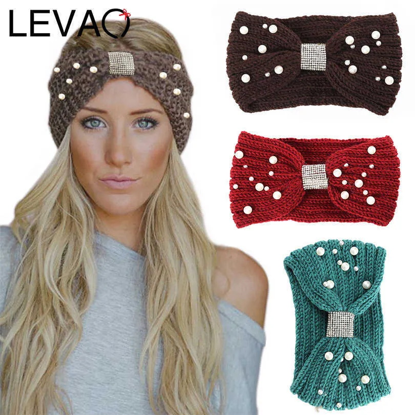 Stirnbänder LEVAO Herbst- und Wintermodelle Gestricktes Perlenstirnband Strass Geknotete Wolle Warmer Turban Frauen Haarbänder Mädchen Haarschmuck J230502