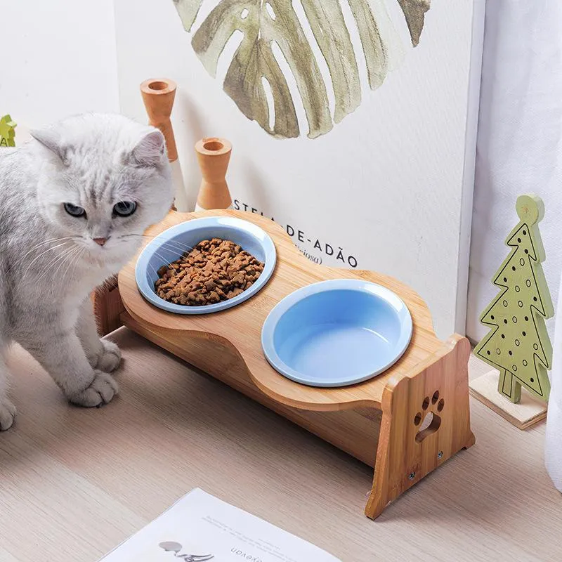 Feeding Cat Ceramic Bowls Bamboo Elevated Pet Bowls for Cats Dogs Protective Cervical Spine AntiTumble Dishes Pet Bowls and Drinkers