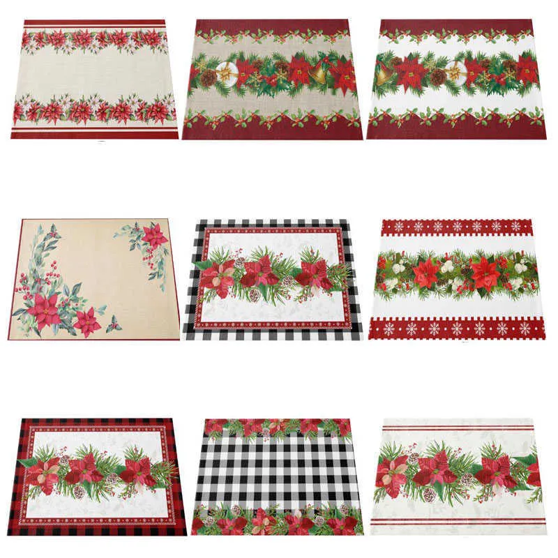 Mats almofadas de juta natural pateta de natal poinsettia flor de mesa estampada de tanta almofada de pano de pano de chá de chá placemat cofrestra da coluna da cozinha z0502