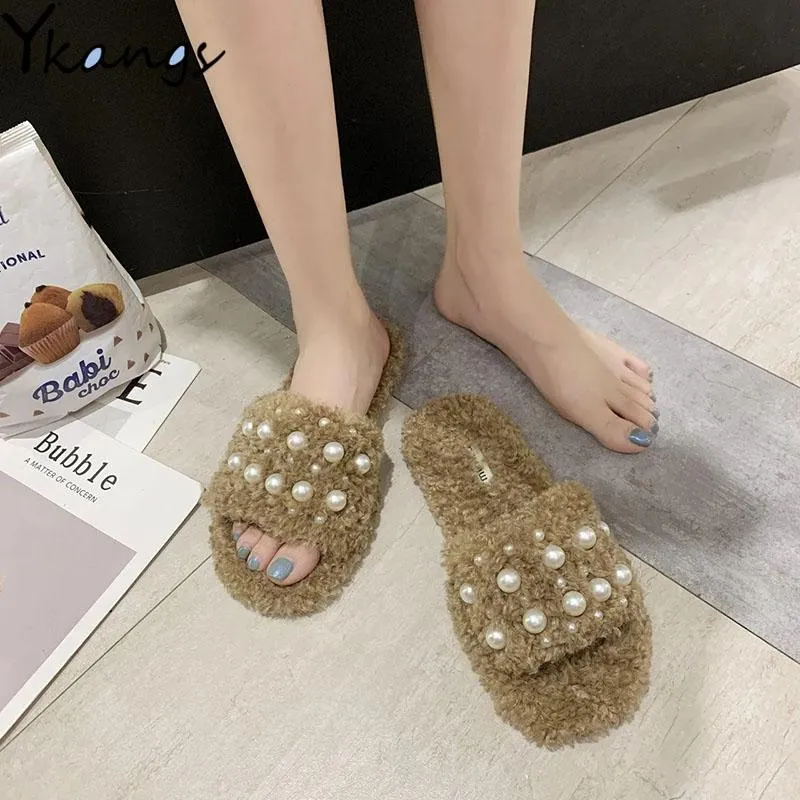Faux Fluffy Warmth Slippers Winter Plush Women s Haruku Pearl Indoor Ladies Furry Fashion Casual Non slip Flat Shoes Ladie Fahion Caual lip Shoe