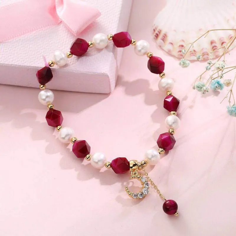 Brin brins de perles Bracelet de perles d'eau douce en forme spéciale tempérament mode Rose rouge oeil de tigre or Zircon lune