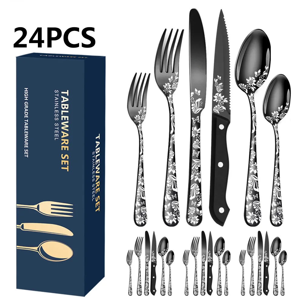 Zestawy zastawy obiadowej Wzór wybuchowy stal ze stali nierdzewnej 24 zestawy kreatywnego drukowania Western Steak Knife Fork and Spoon Set 230503