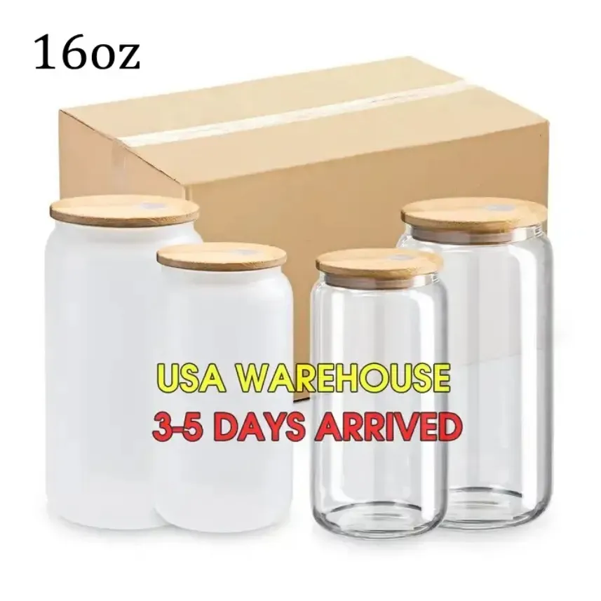 USA Stock 16oz Glass Mugs Sublimation Blanks Clear Frosted Beer Can Borosilicate Tumblers Mason Jar Cups With Plastic Straw 0503