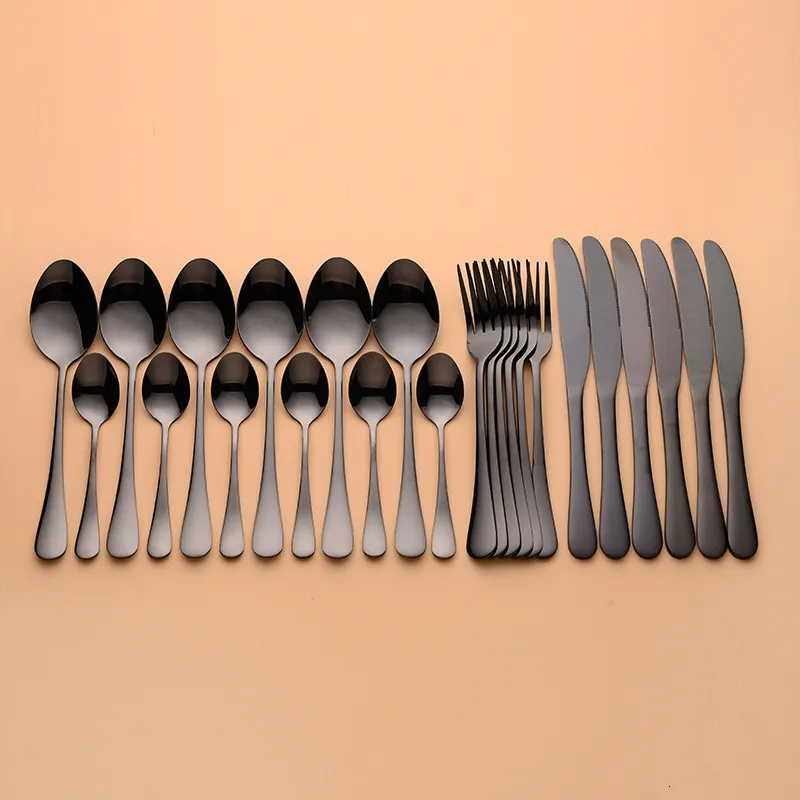 Набор посуды наборы черной посуды из нержавеющей стали Spoon 24 ПК Полные посуды набор посуда стальная черная ложка ложки вилки набор ножей капля 230503