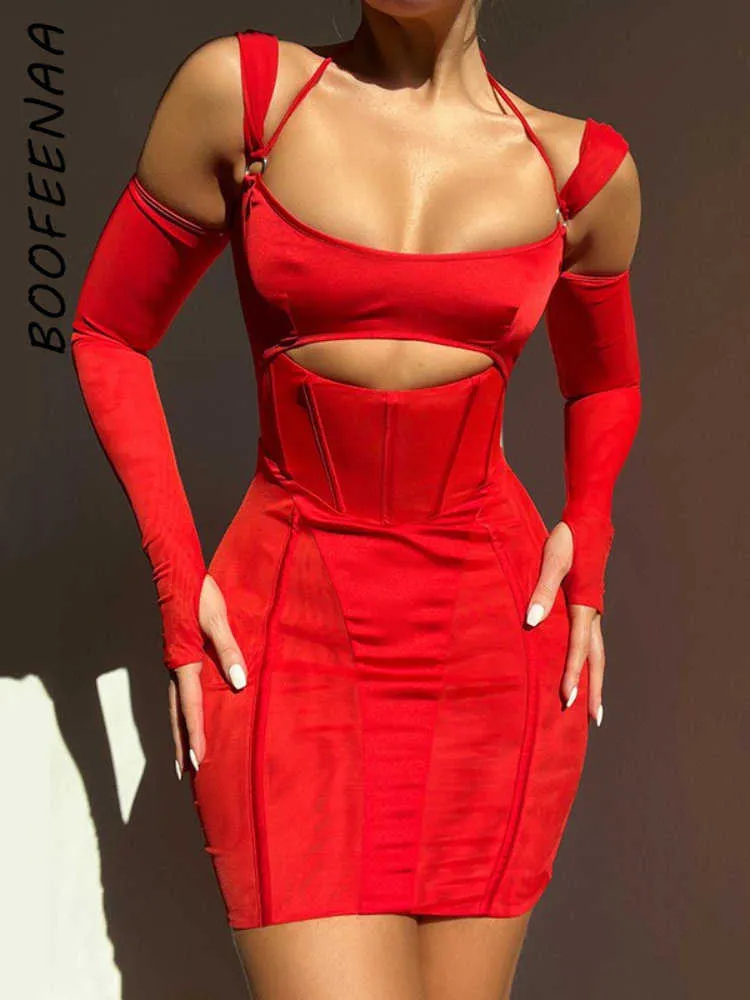 Casual jurken boofeenaa sheer mesh corset jurk met lange mouwen uitgesneden backless korte feestjurken sexy club outfits voor dames rood zwart c92de24 p230322