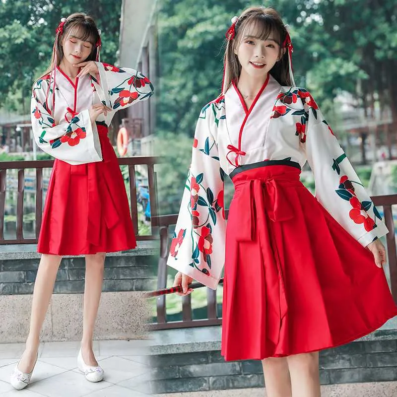 Kawaii Japanese Kimono Dress With Floral Vintage Top And Skirt