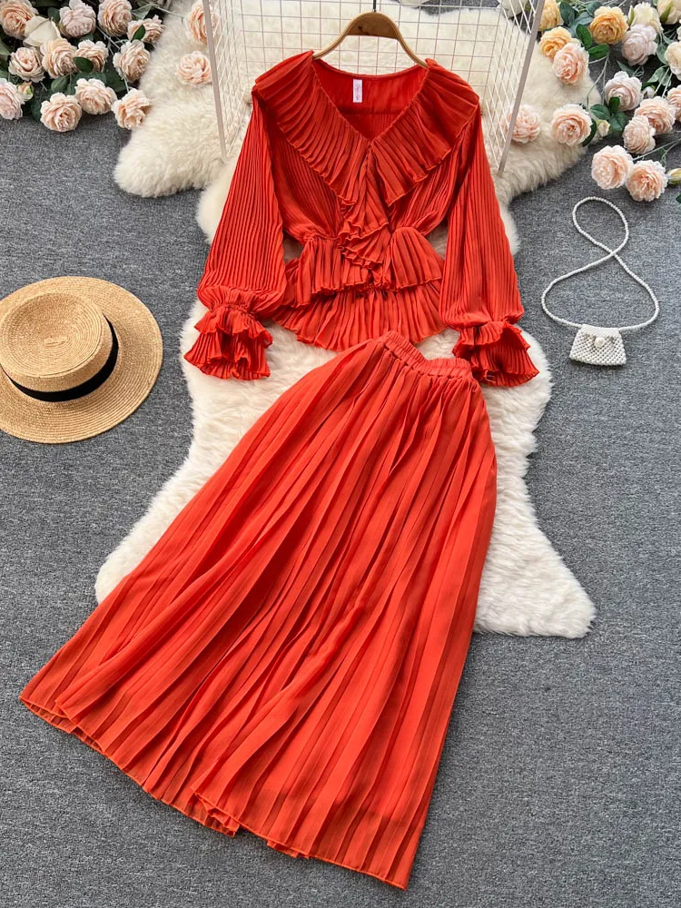 Two Piece Dress Spring Autumn Women Draped Two Piece Set Vintage V-Neck Ruffle Flare Long Sleeve Tops High Waist Pleated Skirts Suit 230503