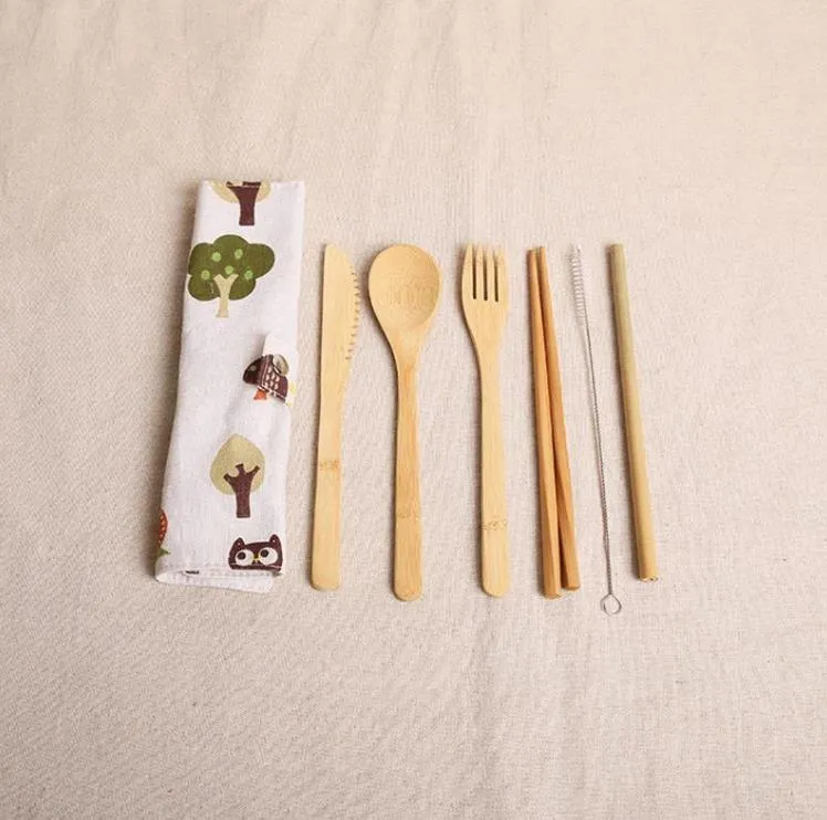 Wooden Dinnerware Set Bamboo Teaspoon Fork Soup Knife Catering Cutlery Set with Cloth Bag Kitchen Cooking Tools Utensil SN4281