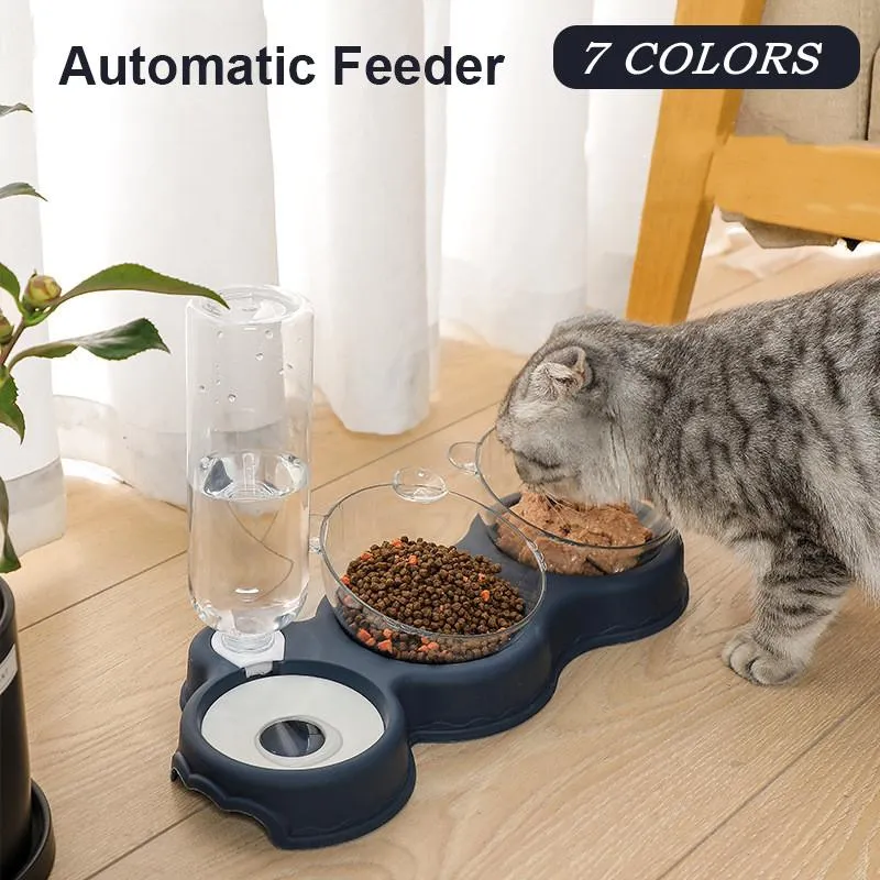 Feeding Pet Cat Bowl Automatic Feeder 3in1 Dog Cat Food Bowl With Water Fountain Double Bowl Drinking Raised Stand Dish Bowls For Cats