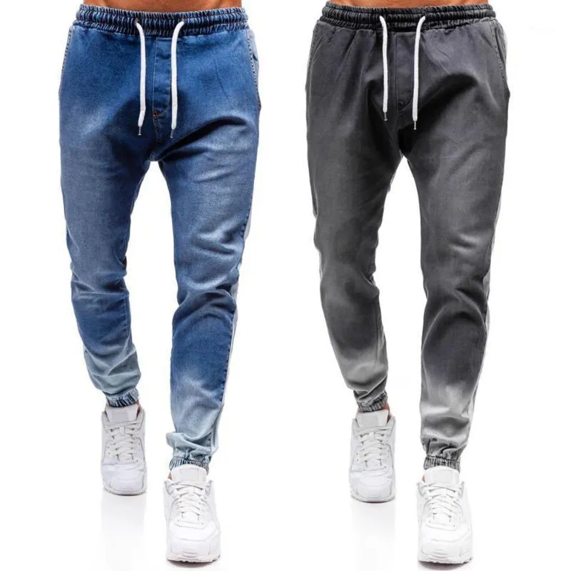 Heren jeans gewassen denim broek zijkant gestreepte trekkoord taps taps hiphop mid taille mannen vracht streetwear volledige lengte d30