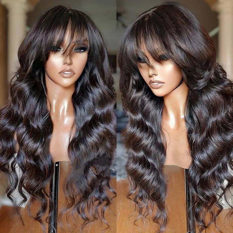 Andra modetillbehör Body Wave Spets Front Wig Human Hair Wigs With Bangs Glueless HD Spets Frontal Wig Pre Plucked Billiga hår peruker till försäljning av clearance 130