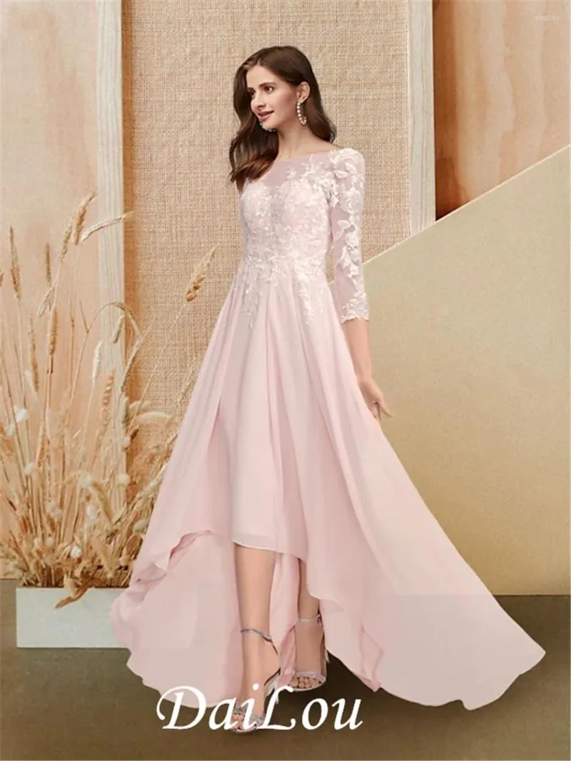 Party Dresses A-Line Empire Cute Prom Formal Evening Dress Jewel Neck Backless 3/4 Length Sleeve Asymmetrical Chiffon With Pleats Appliques