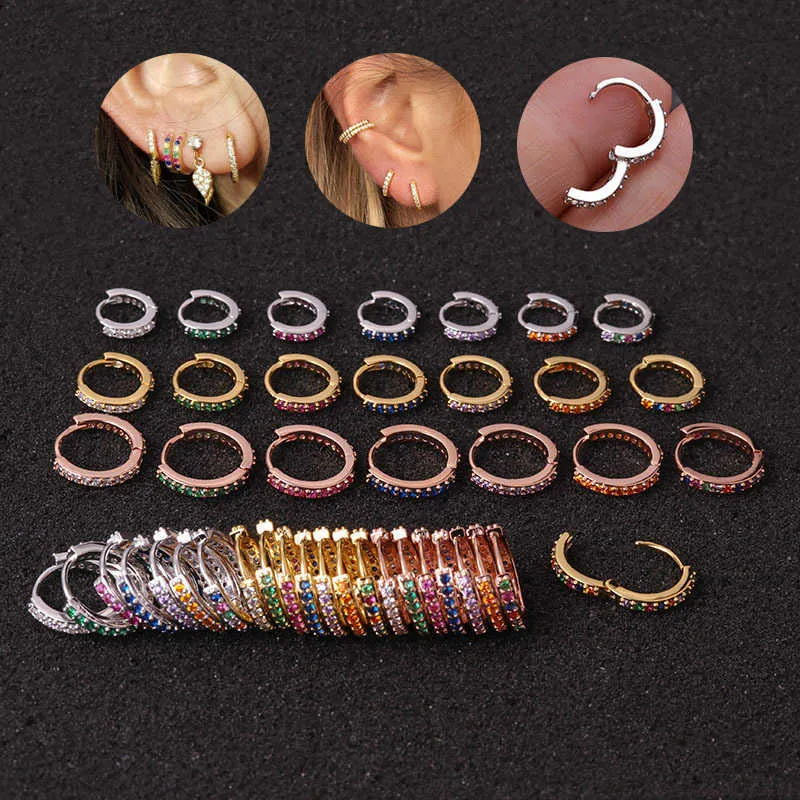 Boucles d'oreilles créoles pour piercing d'oreille, bijoux avec micro incrustation de zircone cubique glacée colorée, pierre circulaire créative simple, cartilage, anneau d'oreille pour hommes et femmes
