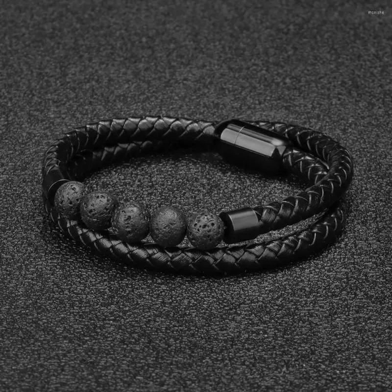 Bracelet Style classique perles de pierre volcanique Bracelet en cuir pour hommes multicouche Agent de tissage boucle Punk anniversaire