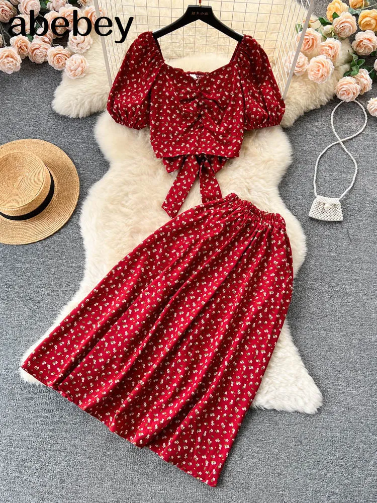 Zweiteiliges Kleid Sommerdruck Strand Zweiteilige Sets Lace Up Floral TopElastische Taille Langer Rock Streetwear Urlaub Chiffon Bohe Anzüge 230503