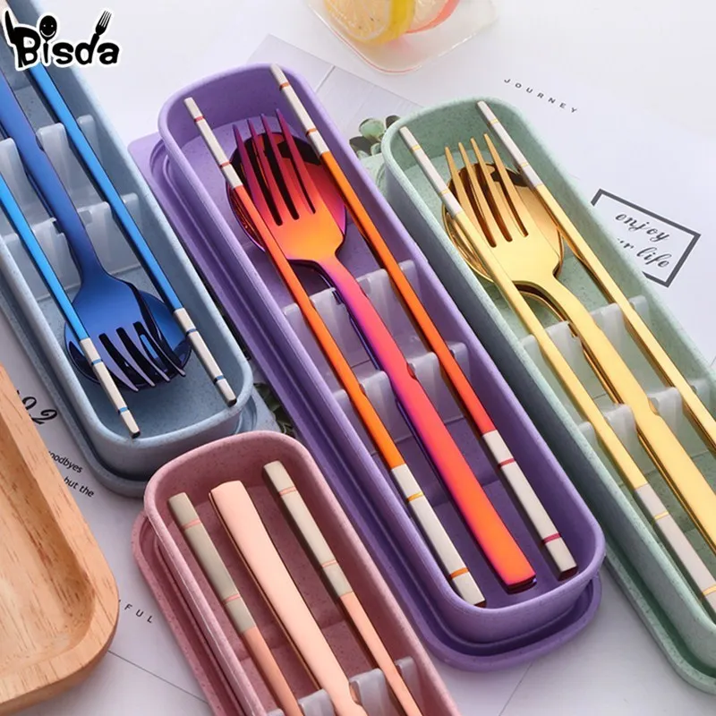 Dinnerware Sets Portable Dinner Set With Box Stainless Steel Chopstick Spoon Fork Set Travel Cutlery Kids For School Outdoor Picnic 230503