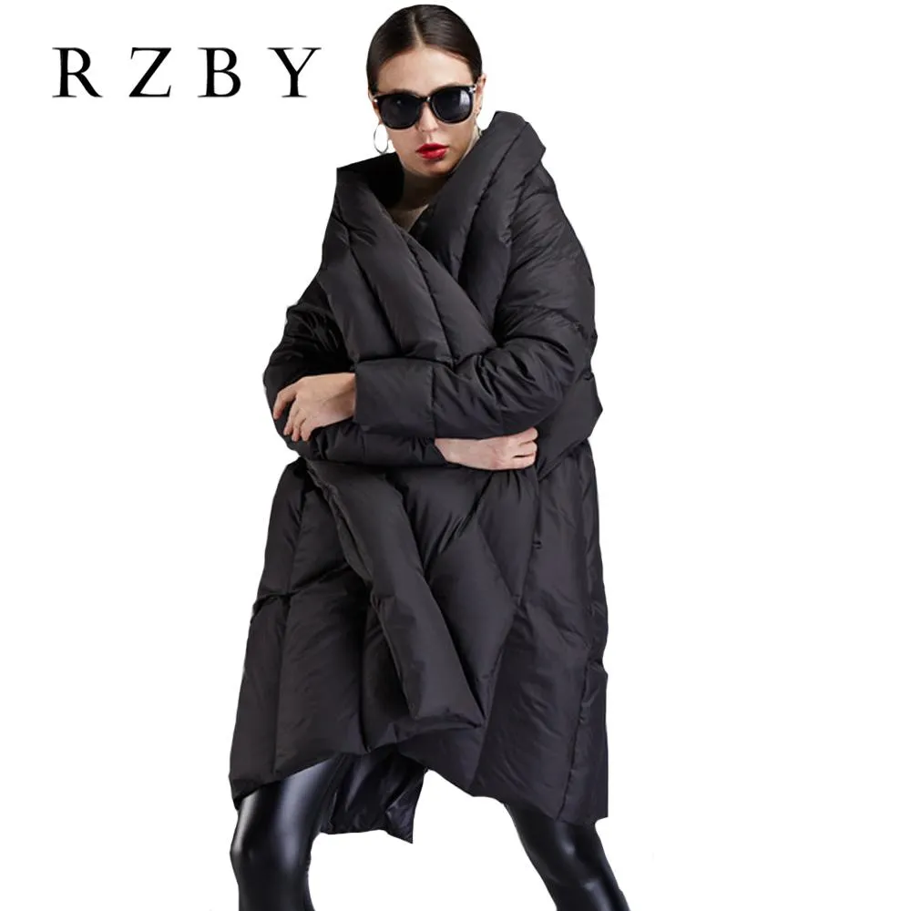 Coats RZBY New Women's Chic Down Jackets Leisure Cape Style Loose WaterResistant Warm Coats Black Lady Jackets Mujer Chaqueta RZBY003