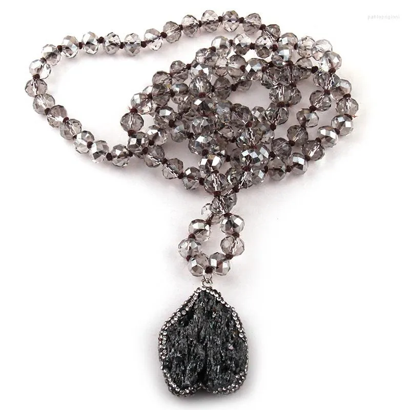 Chains Fashion Bohemian Tribal Jewelry Gray Crystal Knotted Halsband 5X8 Glass Natural Irregular Stone Charm Pendant_voghion.com