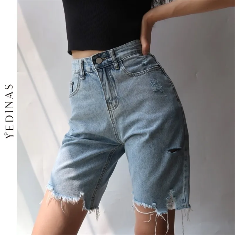 Kadın Şortları Yedinas Yüksek Bel Delik Püsküller İnce Bisikletçi Denim Bermuda Şort Kot Yaz Düz Rahat Moda Kadın Denim Şort 230503