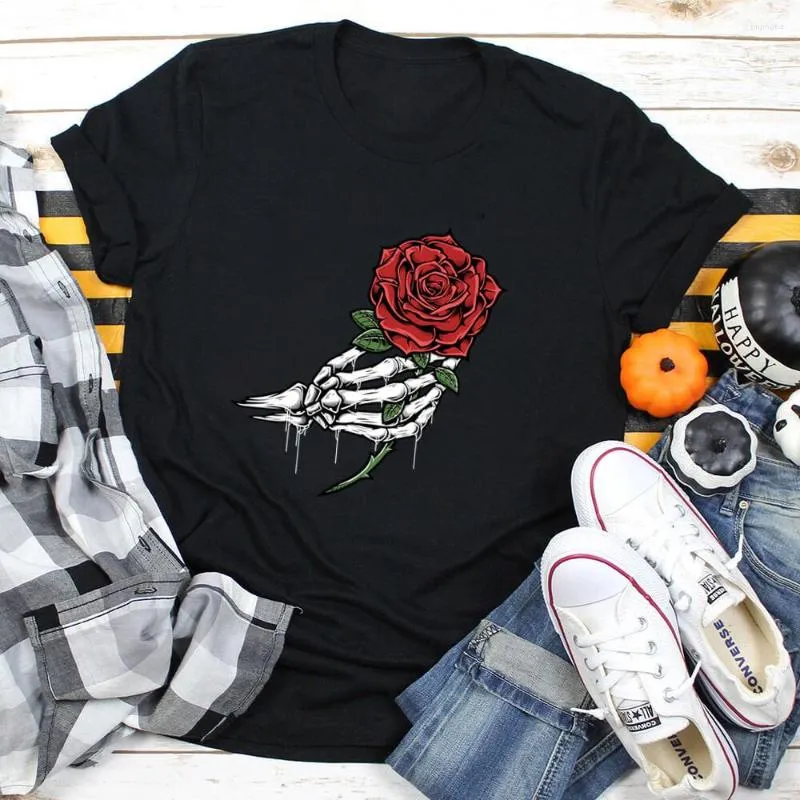 Women's T Shirts Skull With Rose Graphic Print Cotton Women Tshirt Unisex Holiday Funny Autumn Casual Short Sleeve Top Halloween Party Shirt
