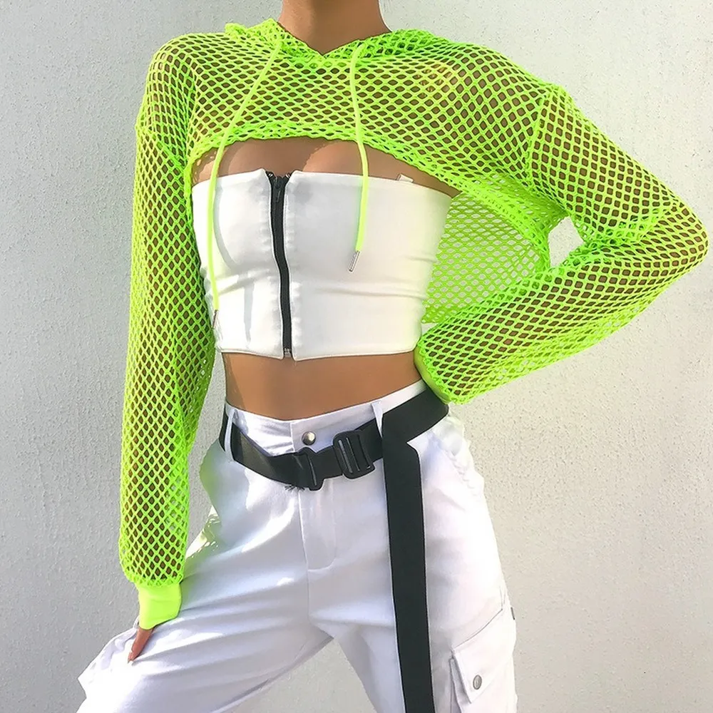 Koszulka damska Spring Streetwear Neon Green Mesh Fishnet Top Kobiet Perspektywa Perspektywa Długie rękawy Koszulki Seksowna koszula 230503